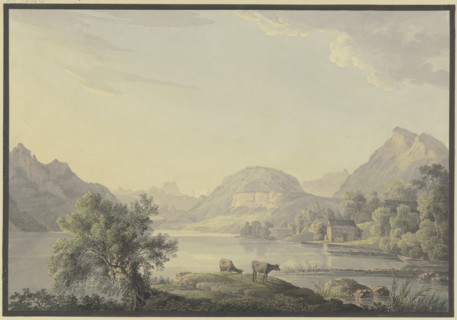 Lake in the mountains, in the foreground by a willow tree two cows, 18th century. Creator: Carl Philipp Schallhas.