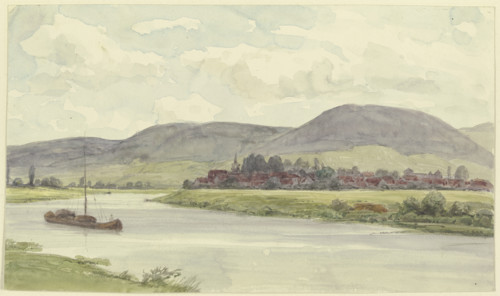 Village on a river with mountains in the middle ground, 19th century. Creator: Karl Peter Burnitz.