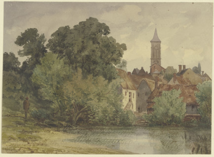 Pond, behind it the houses of a village with a church steeple, 19th century. Creator: Karl Peter Burnitz.
