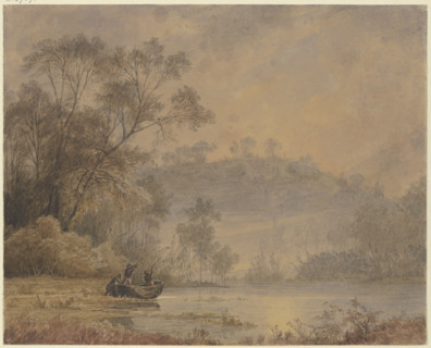 Forest lake, from whose shore a boat with three men is departing, 19th century. Creator: Johann Wilhelm Schirmer.