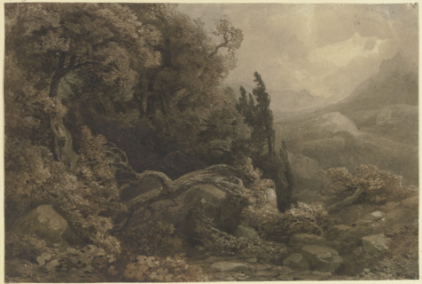High mountain landscape in a storm, 19th century. Creator: August Weber.