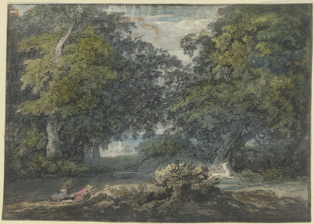 Wooded landscape, a man is hunting a white stag, a woman is sitting with him. Woman, 18th century. Creator: Jacobus van Liender.