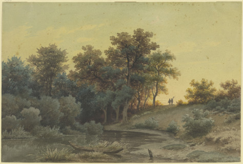 Forest edge with a river in the evening light, 19th century. Creator: Jakob Maurer.