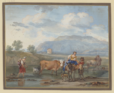Shepherds drive cows through water, a woman carries her child on her back on...18th cent. Creator: Aert Schouman.