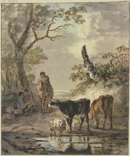 Shepherds resting at a watering place, 18th century. Creator: Jacob van Strij.