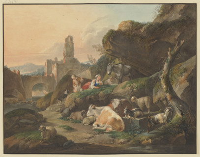 Shepherds on rocks, a shepherdess lies in front of a donkey, cows, sheep, and goats..., 1803. Creator: Johann Friedrich Morgenstern.