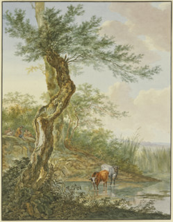 Landscape with water, an old willow tree by it, and two cows in the water, 17th-18th century. Creator: Jacobus Perkois.