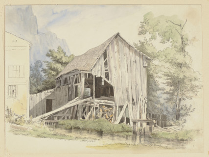 Barn by a stream, 1840. Creator: Ernst Ferdinand Oehme.