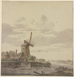 Small river flowing into the sea, a windmill on the left, 18th century. Creator: Hendrik Kobell.
