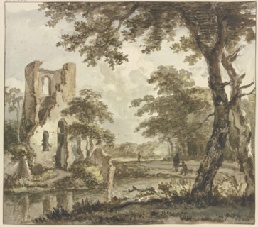 A ruin on the left by the water, a Anglers and two other figures, 18th century. Creator: Jan Hulswit.