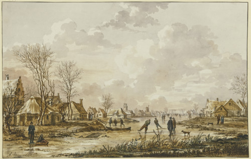 Winter landscape, on a frozen river near a small town ice skaters, 18th century; 17th century. Creator: Andries Vermeulen.