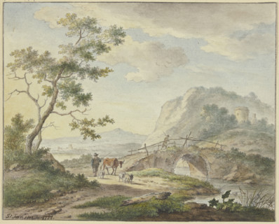 A man walks across a stone bridge; on the path is a farmer with a cow and sheep, 1777. Creator: Johannes Christiaan Janson.