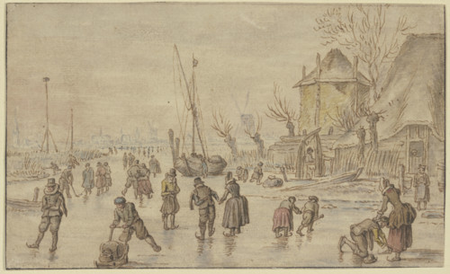 Winter landscape, on the ice many skaters, on the right a man is putting skates..., 17th century. Creator: Hendrick Avercamp.