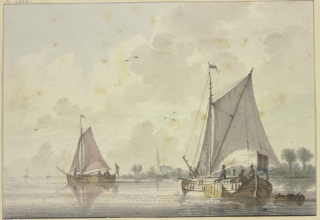 Two ships sailing on a very wide river, a church on the bank among the trees, 18th century. Creator: Nicolaas Wicart.