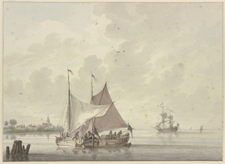 Two ships lie side by side, one is having its sail hoisted, four others in the..., 18th century. Creator: Nicolaas Wicart.