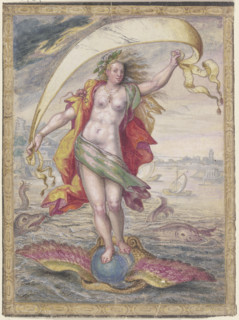 Floating Female figure on a winged sphere resting in a shell, (Kairos or Fortuna)., c17th century. Creator: Unknown.