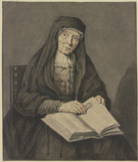 Old woman sitting reading a book, holding her glasses in her hand, half-length..., 17th-18th century Creator: Jean Pierre de Frey.