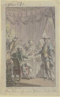 Dinner scene: a knight approaches a laid table and greets a seated man, 18th century. Creator: Christian Sambach.