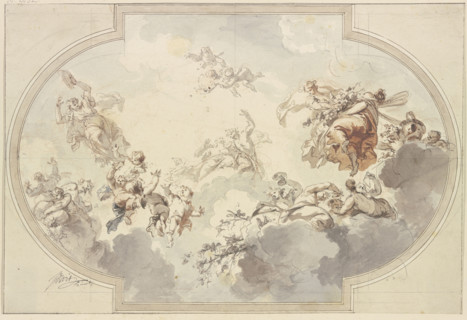 Many genii and Bacchantes float in clouds, early-mid 18th century. Creator: Jacob de Wit.