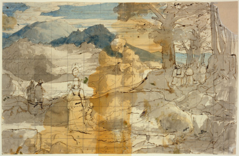 Landscape near Rocca Canterano with a woman with children, shepherds, and pilgrims, 1818. Creator: Carl Philipp Fohr.