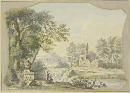Landscape with ruins; to the left, by a vase under trees, two figures, 1764. Creator: Jacob van de Velde.
