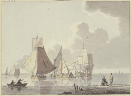 Calm sea with many ships, on the left a boat with two men, on the right on the shore..., 18th centur Creator: Hendrik Kobell.