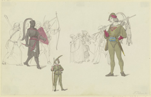 A black knight, archers, a hunter, and masked figures, early-mid 19th century. Creator: Ferdinand Fellner.