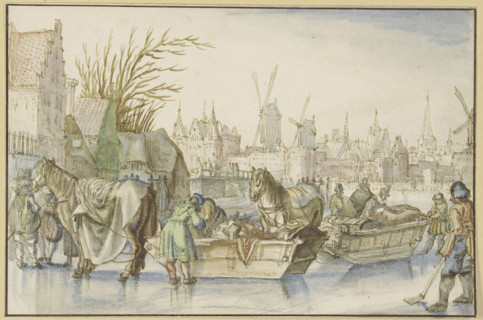 Winter landscape, in the foreground two horse-drawn sleighs, 16th century. Creator: Claes Jansz Visscher the Elder.