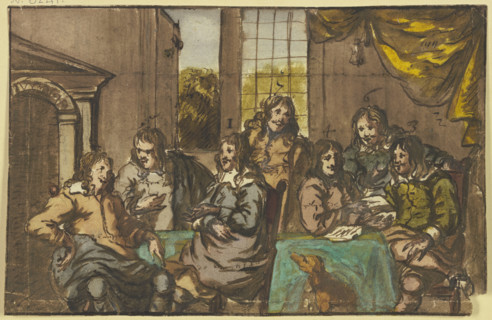 Seven gentlemen sitting in a room around a green table, occupied with papers, with a dog, 17th cent. Creator: Jan van Mieris.