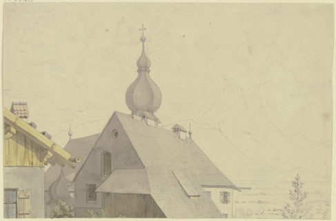 Tyrolean village church and the surrounding houses with a view of the Alps, 19th century. Creator: Karl Ballenberger.