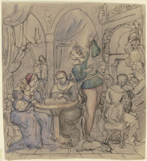 Lute player in historical costume, in elegant company, mid-19th century. Creator: Victor Muller.