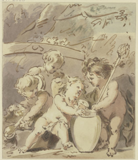 Four cupids by a vase, early-mid 18th century. Creator: Jacob de Wit.