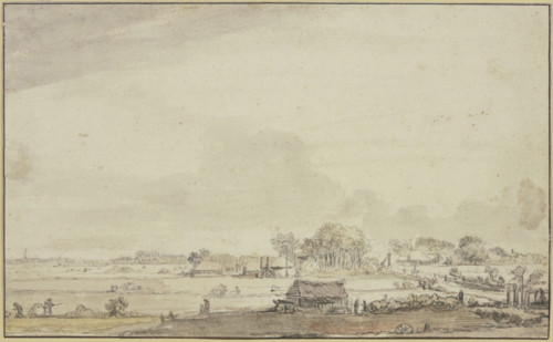 Landscape with scattered huts; people are harvesting on the left, 17th century. Creator: Ferdinand Bol.