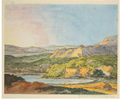 Southern landscape by the sea with wooded hills and a body of water in the foreground, 1787. Creator: Johann Wolfgang von Goethe.