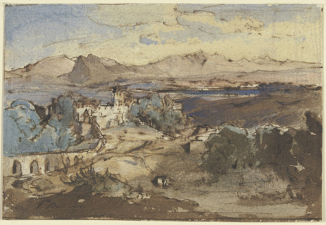 Wide plateau with a lake, castle and aqueduct in the foreground, 19th century. Creator: Fritz Bamberger.