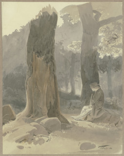 Hunter sitting on a rock in the forest near Königstein-Falkenstein, 1841. Creator: Carl Theodor Reiffenstein.