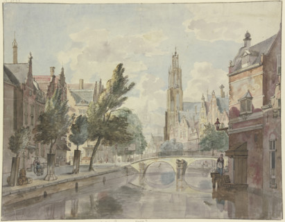 Stone bridge over a canal, a cathedral in the background, a lantern on the right by the...18th cent. Creator: Johannes Huibert Prins.