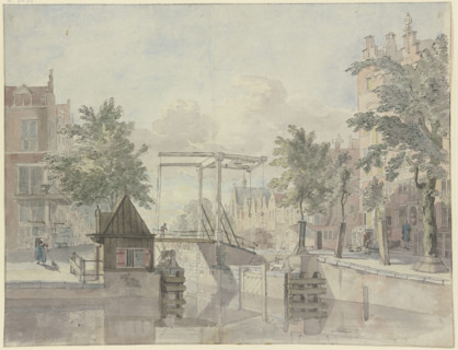 Canal with lock gate, a maid sweeps the street on the left, 18th century. Creator: Johannes Huibert Prins.
