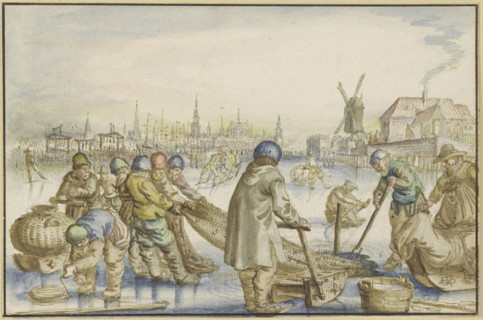 Winter landscape with many skaters, in the foreground fishermen pull a net from the ice, 16th cent. Creator: Claes Jansz Visscher the Elder.