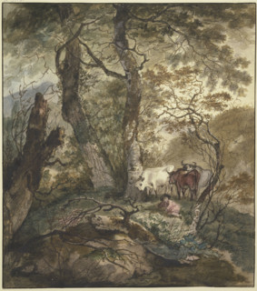 Three cows stand with a shepherd boy under a group of trees, 17th century; 18th century. Creator: Adam Pynacker.