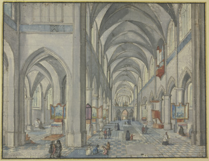Interior of a Gothic church with many figures, 17th century. Creator: Hendrik van Steenwyck.