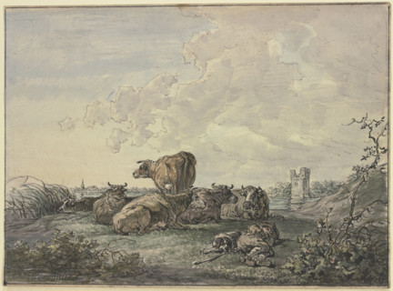 Sleeping shepherd and herd of cattle in a landscape, 18th century. Creator: Jacob van Strij.
