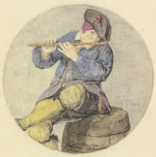 Flute player sitting on a barrel, 1689. Creator: Cornelis Dusart.