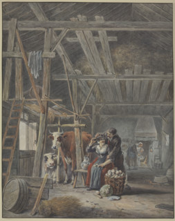 Farmer and wife with cows in the barn, 18th century. Creator: French, 18th century;.