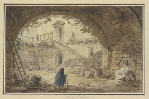 Vaulted ceiling with an antique fountain and a view of a staircase, 1780. Creator: Hubert Robert.
