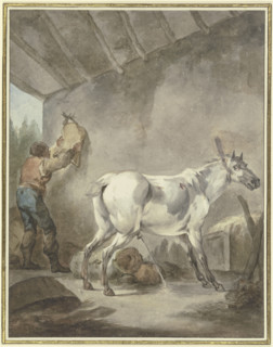 A grey horse in its stall, with a farmer hanging up a saddle, mid-late 18th century. Creator: Francesco Giuseppe Casanova.