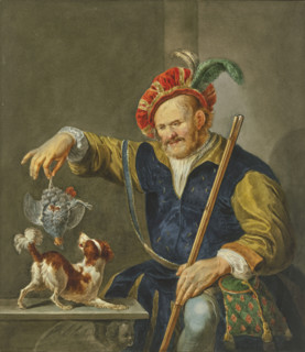 A hunter in rich attire, returning from the hunt, shows his dog a partridge, 18th century. Creator: R. Meurs Pruysenaar.