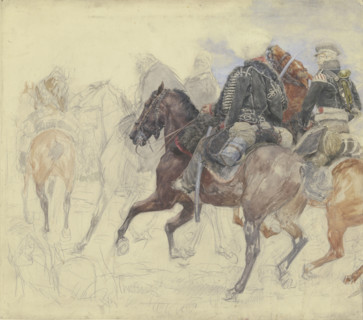 Five hussars on horseback, late 19th century. Creator: Wilhelm Altheim.