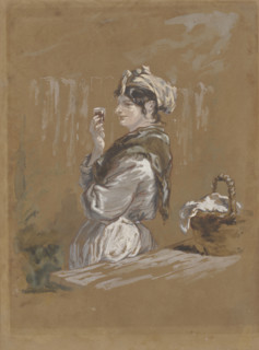 A woman leaning against a table with a small glass in her hand (washerwoman?). Creator: Paul Gavarni.