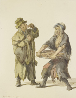 Beggar buying a fish from a ragged fishwife, c1834. Creator: C. H. Meyer.